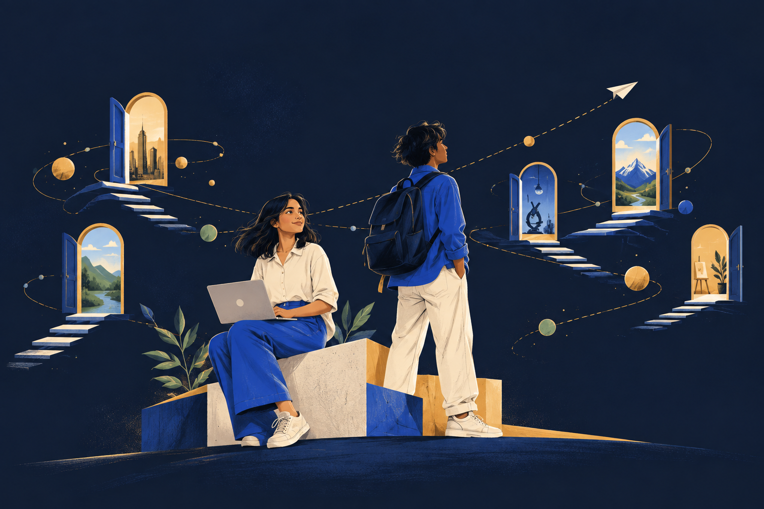 Illustration of two students exploring open doorways and different possible futures